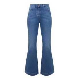 Moncler medium blue high-rise flared jeans in 100% cotton with five-pocket styling and leather patch detail.
