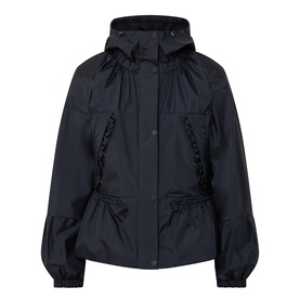 Moncler black polyamide parka with attached hood, ruched chest detail, chain trim, and elasticated waist