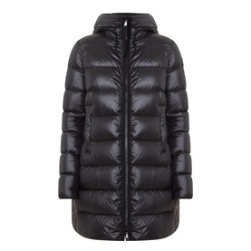 Moncler black quilted down parka with hood, high-shine finish, front zip fastening and longline silhouette