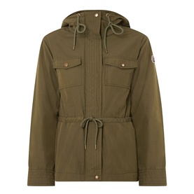 Moncler olive parka with detachable hood, chest patch pockets, gold-tone snap buttons, and drawstring waist