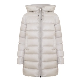 Moncler cream quilted down parka with detachable hood and zip fastening, mid-length silhouette
