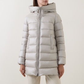 Model wearing Moncler cream quilted down parka with hood, zip fastening and side pockets, mid-length silhouette