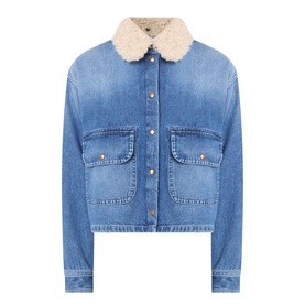 Moncler medium blue denim jacket with cream shearling collar, gold snap buttons, and two chest patch pockets
