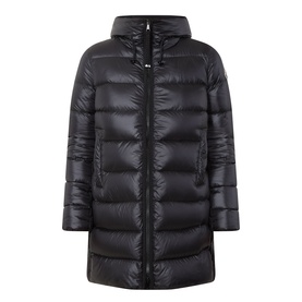 Moncler black quilted down parka with hood, zip fastening, and side pockets. Longline silhouette in glossy polyamide.