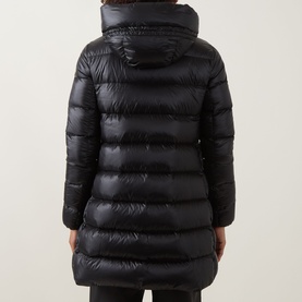 Model wearing Moncler black quilted hooded down parka, rear view, glossy finish with horizontal quilting detail