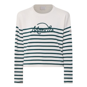 Moncler striped long-sleeve sweatshirt in lime and white with cursive logo script at chest, crew neckline, 100% virgin wool