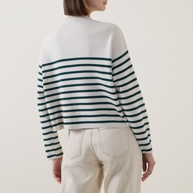 Model wearing Moncler wool sweat in lime stripe, shown from back, styled with cream trousers. Long sleeves, relaxed fit.