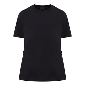 Moncler black cotton T-shirt with crew neck, short sleeves, tonal logo embroidery at chest and side buckle detail tabs.