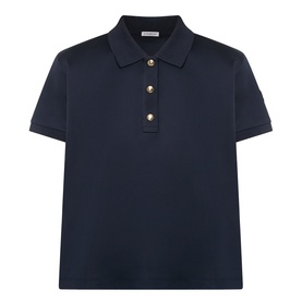 Moncler navy cotton polo shirt with gold-tone buttons and short sleeves, flat lay