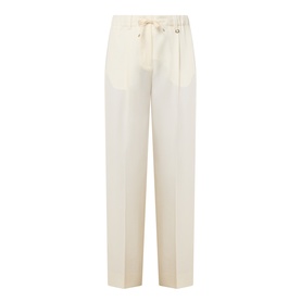 Moncler cream wool trousers with drawstring waist, front pleats, and straight-leg cut