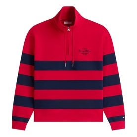 Tommy Hilfiger medium red and navy block stripe quarter-zip sweatshirt with embroidered chest logo and drawstring collar.