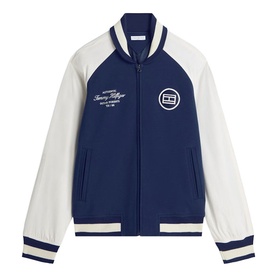 Tommy Hilfiger carbon navy and white varsity bomber jacket with zip fastening, ribbed cuffs and hem, embroidered chest logo