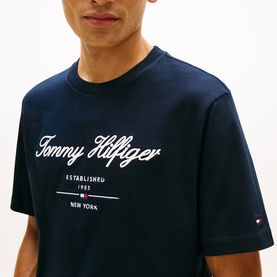 Model wearing Tommy Hilfiger navy crew neck T-shirt with cursive script logo and Established 1985 New York print on chest