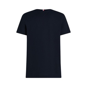 Navy Tommy Hilfiger crew neck t-shirt, back view, with signature red and white flag label at collar