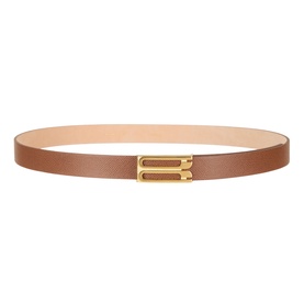 Victoria Beckham Dorian Frame Leather Belt in dark tan calfskin with gold-plated B-frame buckle and smooth finish