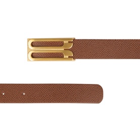 Victoria Beckham Dorian Frame Leather Belt in Dark Tan with gold-plated B-frame buckle, squared tip, and saffiano-textured calfskin leather.