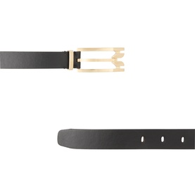 Victoria Beckham Dorian Pin Buckle Belt in black grained leather with gold-tone buckle hardware, shown front and back views.