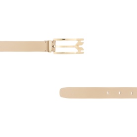 Victoria Beckham Dorian Pin Buckle Belt in Safari leather, gold-tone pin buckle with triple-bar detail, shown flat with adjustment holes visible