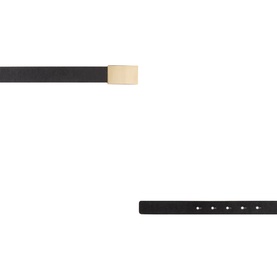 Victoria Beckham Portofino Mirror Leather Belt in black nappa leather, slim profile with gold-tone plaque buckle, shown flat and reversed