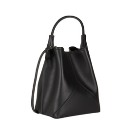 Victoria Beckham black leather bucket bag with structured origami-fold base, short top handle, and detachable shoulder strap, silver-tone hardware