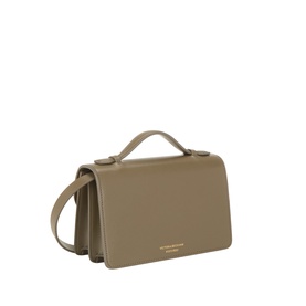 Victoria Beckham Fossil Brown leather shoulder bag with structured boxy silhouette, top handle, and gold-tone logo lettering