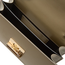 Victoria Beckham Fossil Brown calf leather shoulder bag, open top view showing interior compartment with gold-tone twist lock closure