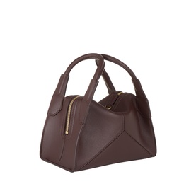 Victoria Beckham Dark Burgundy calf leather crossbody bag with structured geometric panels, dual top handles, and gold zip fastening