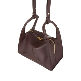 Victoria Beckham Dark Burgundy calf leather crossbody bag, gold-tone zip hardware, dual top handles and adjustable shoulder strap