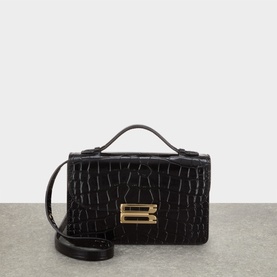 Victoria Beckham black croc-embossed calf leather shoulder bag with gold-tone logo clasp, top handle and detachable crossbody strap