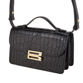 Victoria Beckham black croc-embossed calf leather shoulder bag with gold BB clasp, top handle and adjustable crossbody strap