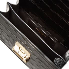 Victoria Beckham black croc-embossed calf leather shoulder bag, open view showing interior lining and gold-tone twist-lock clasp