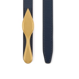 Christian Louboutin navy leather belt with distinctive gold-tone sculptural buckle, visible stitched edge detail, flat lay view