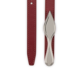 Christian Louboutin red leather belt with silver-tone sculptural arrow buckle, visible topstitching detail.