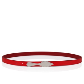 Christian Louboutin red leather skinny belt with silver-tone teardrop buckle closure, punch hole detail.