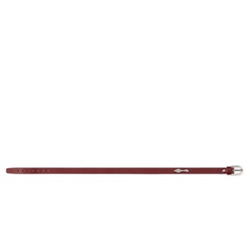 Christian Louboutin red leather belt with silver-tone buckle, slim strap with punched hole detail, laid flat on white background