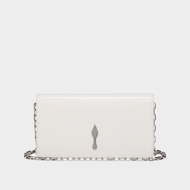 Christian Louboutin white clutch bag with silver-tone chain strap and signature stiletto clasp detail