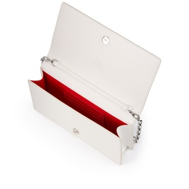Christian Louboutin white clutch bag with silver chain strap, open to reveal red interior card slots and press-stud closure.
