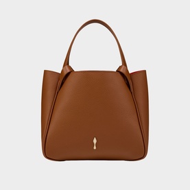 Christian Louboutin brown leather tote bag with gold logo charm, structured silhouette, and single top handle.