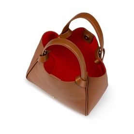 Christian Louboutin brown leather tote bag with gold-tone hardware, single top handle, and contrasting red interior lining