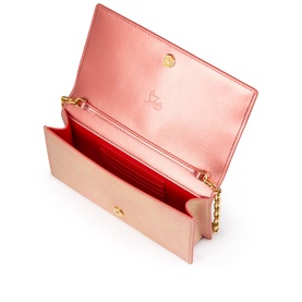 Christian Louboutin pale pink satin wallet on chain, open to reveal red interior, gold hardware and chain strap visible