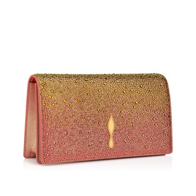 Christian Louboutin clutch bag in multi ombr&eacute; crystal embellishment, pink to gold gradient, gold teardrop hardware, structured silhouette