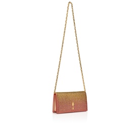 Christian Louboutin clutch bag in multi ombre glitter, gold chain strap, gold pin closure detail, gradient pink to gold finish