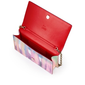 Christian Louboutin multi iridescent wallet on chain open, revealing red leather interior with gold chain strap visible