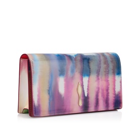 Christian Louboutin multi watercolour tie-dye clutch bag with structured flap, gold drop hardware detail and red interior trim.