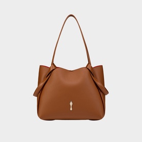 Christian Louboutin brown leather tote bag with bow knot side details, gold keyhole clasp, and single shoulder strap