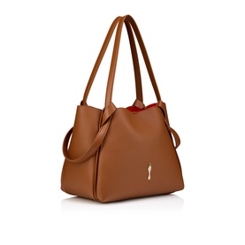 Christian Louboutin brown leather tote bag with gold key charm, dual top handles, detachable shoulder strap, and red interior lining