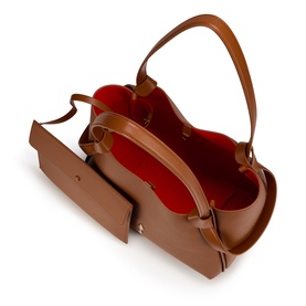 Christian Louboutin brown leather tote bag, open top view revealing red interior lining, top handle and detachable shoulder strap
