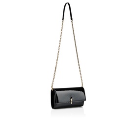 Christian Louboutin black patent leather clutch bag with gold chain shoulder strap and gold pin-bar clasp closure