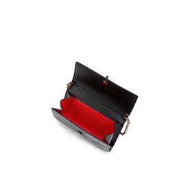 Christian Louboutin black clutch bag open, showing red interior lining, card slots, and gold chain strap detail