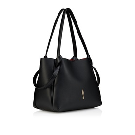 Christian Louboutin black leather tote bag with dual top handles, gold spike charm detail, and red interior lining visible at top edge.